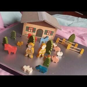 Vintage Miniature Collectable Wooden Toy Set. Barn Horse. Fence. Chicken 23 Pcs.